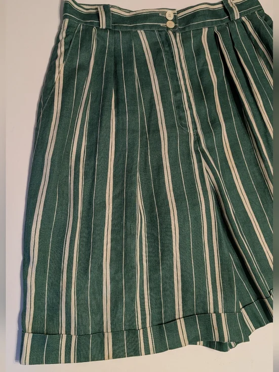 Vintage 80’s High Waist Walking Shorts Jorts 100% Linen Striped Green Ivory 12 - Picture 6 of 12
